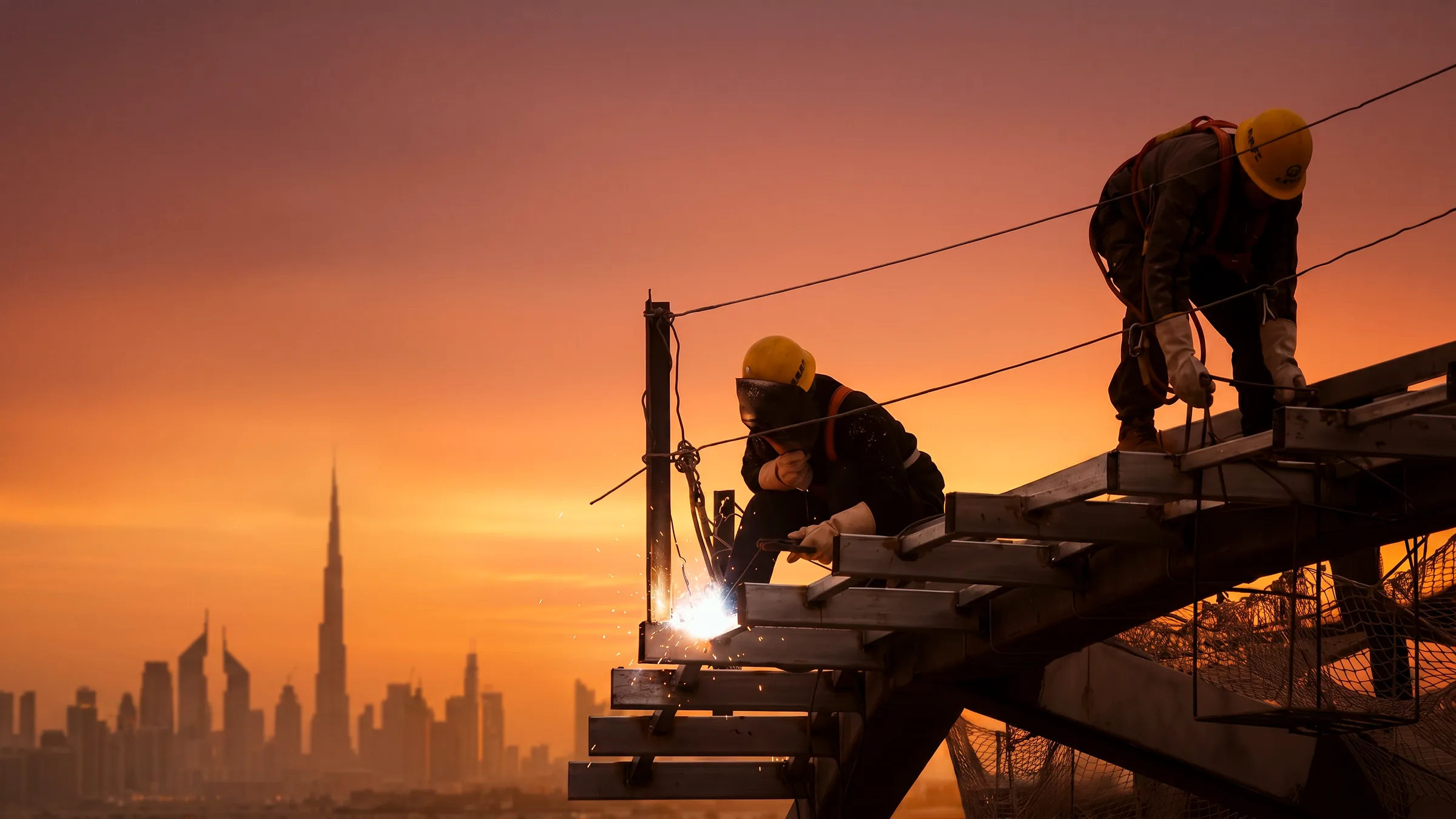 Welders working on a steel structure at dusk against the Dubai skyline